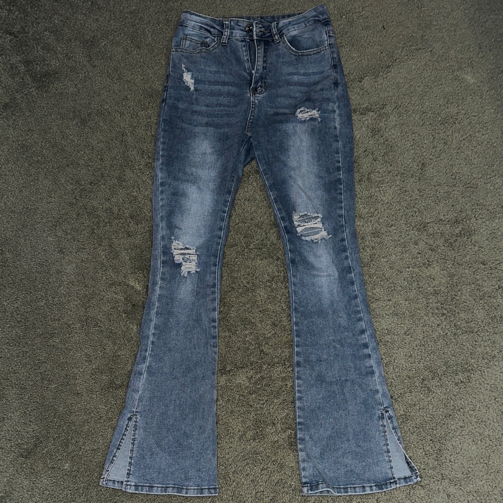 SHEIN Dark Blue Distressed Flared Jeans